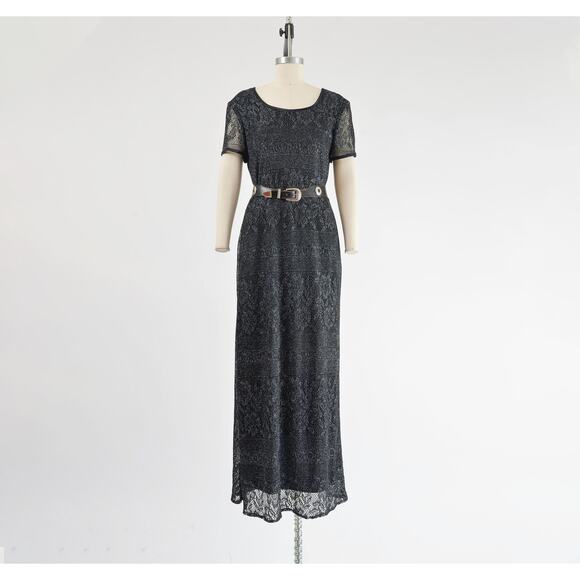 Vintage 90s Black Sheer Lace Metallic Silver Boho Whimsigoth Maxi Dress M L - Picture 2 of 9